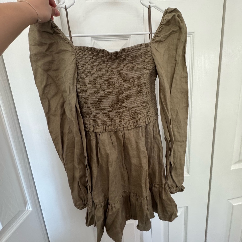 Quince Olive Green Midi Dress with Smocked Bodice